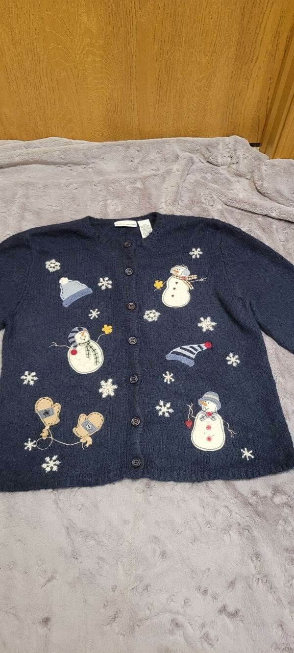 Croft & Borrow Snowman Cardigan Silk Wool Womens L Holiday Sweater Cozy Winter